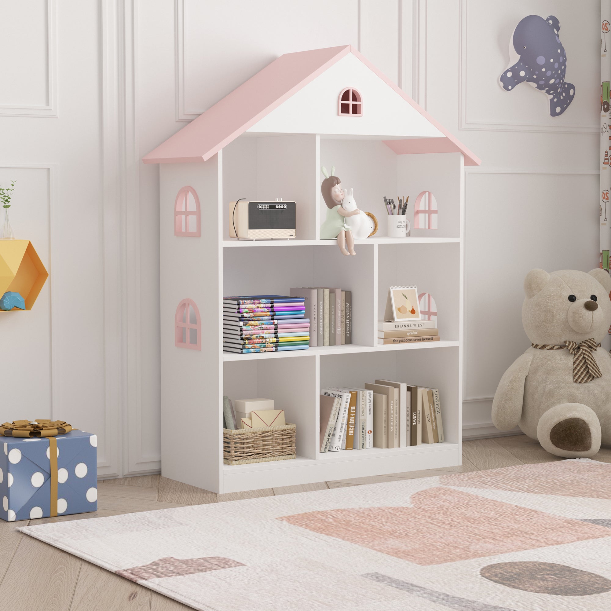 Libreria Vipsali per Cameretta a Forma di Casa 107 x 83 x 30 cm - Bianco / Rosa [en.casa]