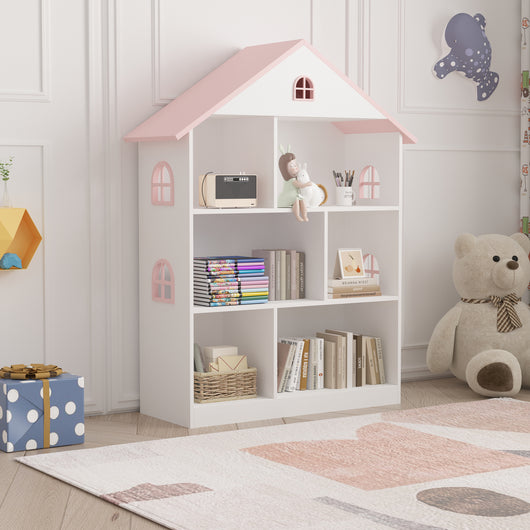 Libreria Vipsali per Cameretta a Forma di Casa 107 x 83 x 30 cm - Bianco / Rosa [en.casa]