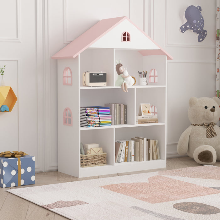 Libreria Vipsali per Cameretta a Forma di Casa 107 x 83 x 30 cm - Bianco / Rosa [en.casa]