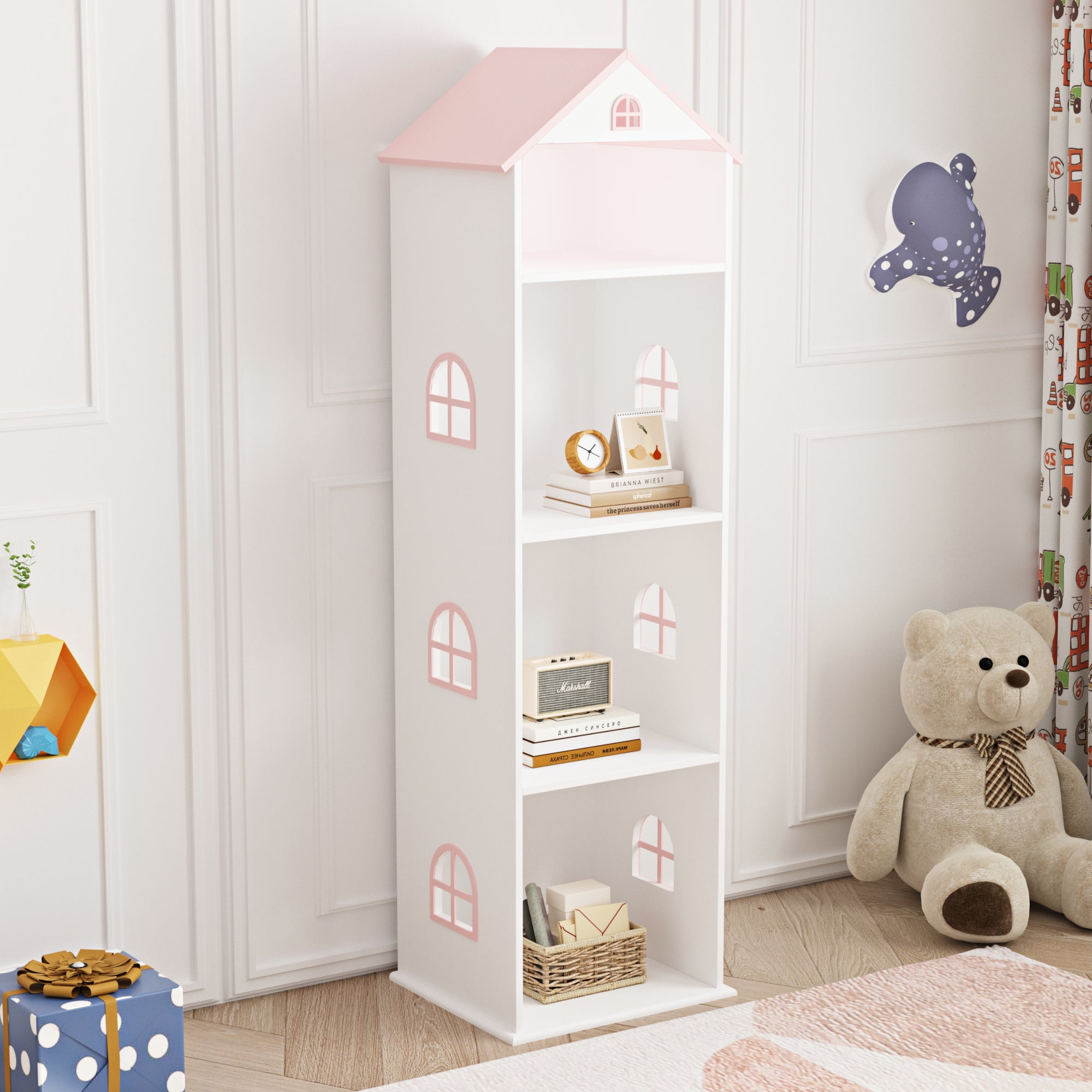 Libreria Vipsali a Forma di Casa per Cameretta 140 x 40 x 35 cm - Bianco / Rosa [en.casa]