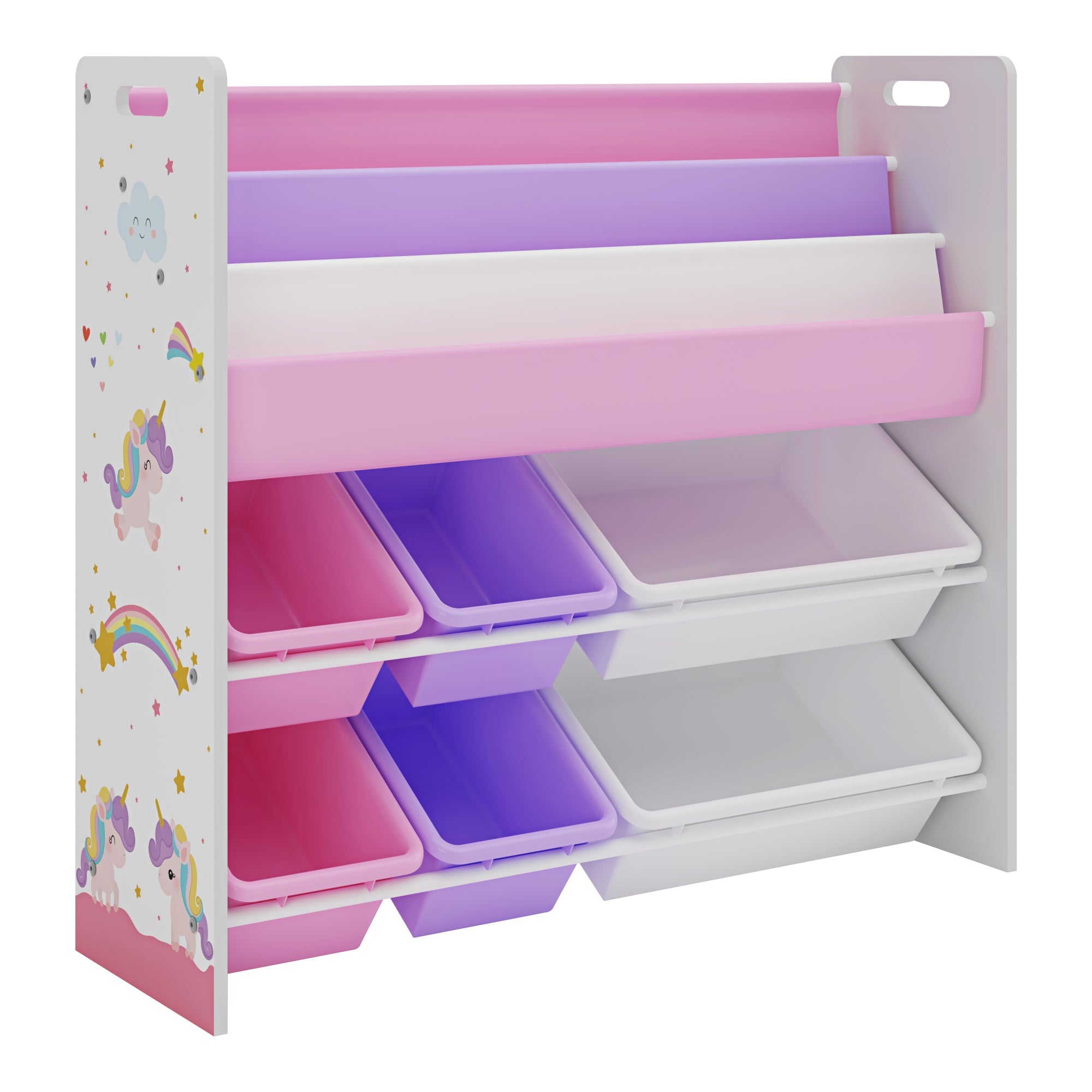 Scaffale dal design senza tempo per soggiorno camera da letto mobiletto portaoggetti per bambini con motivo unicorno 78 x 86 x 27 cm bianco viola rosa 03_0011213