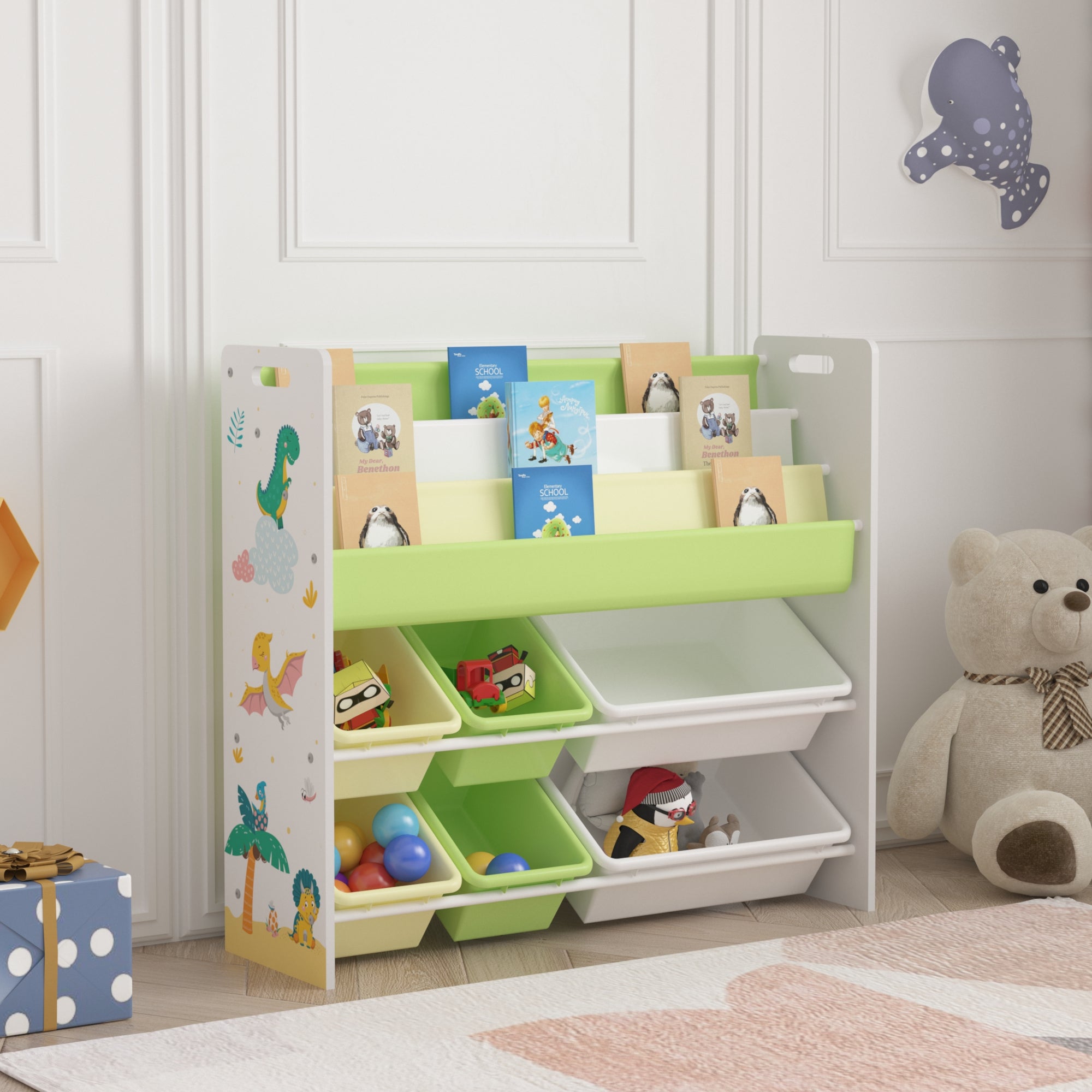 Scaffale per Cameretta Rødøy Mobile Porta Giochi 78x86x27 cm Decorazione Dinosauro [en.casa]