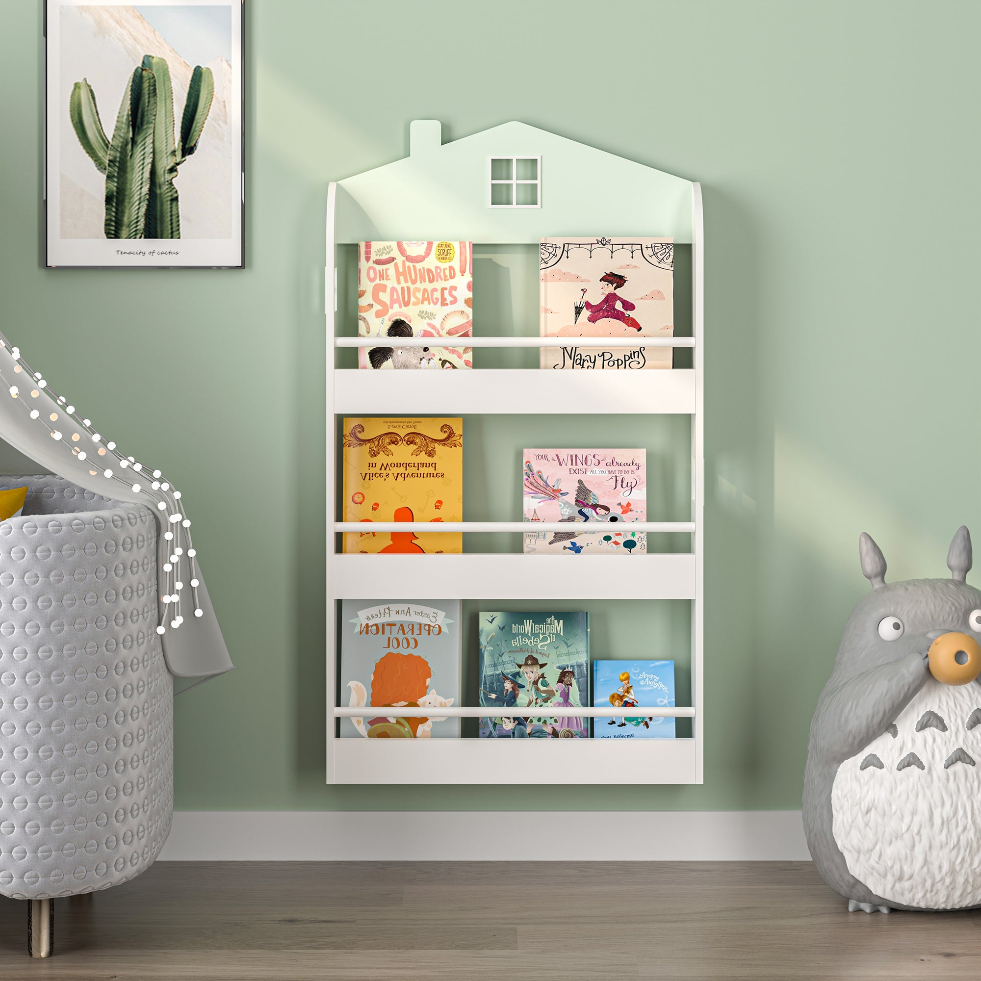 Libreria Frontale Vipsali per Cameretta Design a Casetta 106x60x12 cm Menta Verde / Bianco [en.casa]