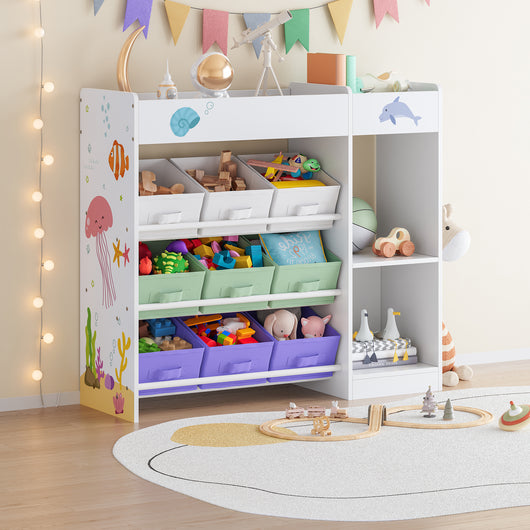 Scaffale Farusa per Cameretta con Scomparti e 9 Scatole Pieghevoli 80 x 90 x 30 cm - Design Aqua Dream [en.casa]