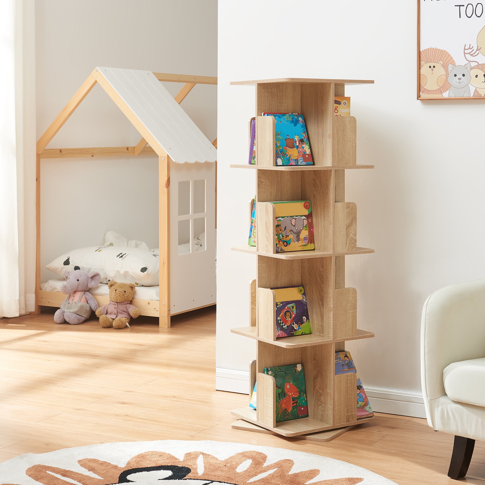Libreria Girevole per Cameretta Talöpintaa Scaffale Rotante Espositore 129x40x40 cm Effetto Rovere [en.casa]