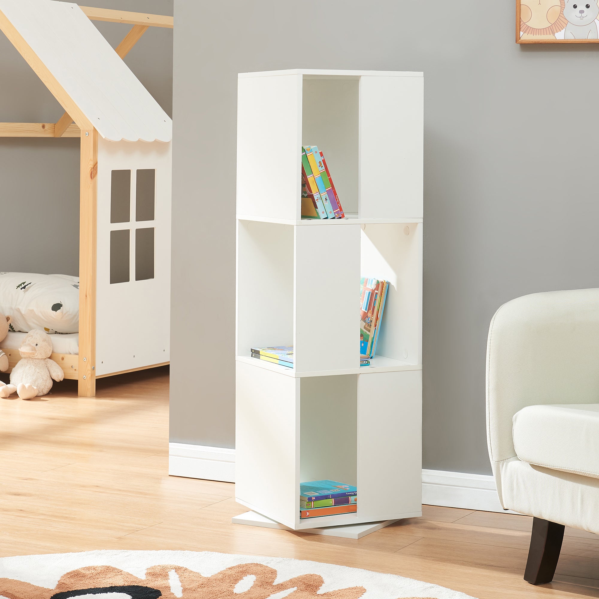 Libreria Girevole Fjelmarirg per Cameretta Scaffale Rotante a 3 Livelli 109 x 34 x 34 cm - Bianco [en.casa]