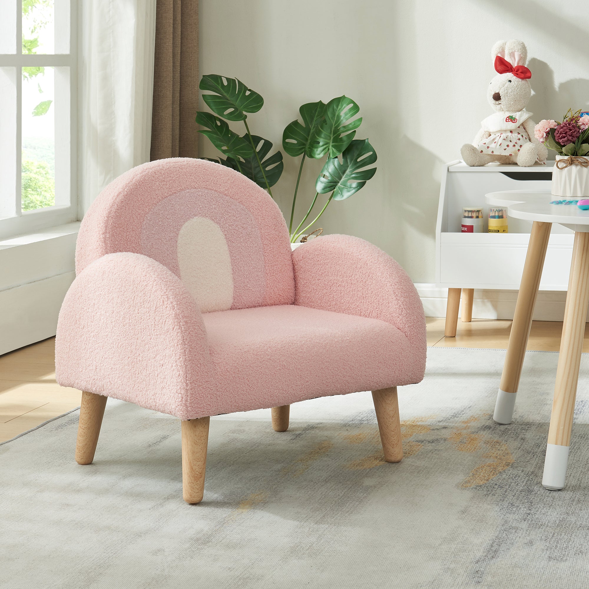 Poltroncina per Bambini Sorreindi Rivestimento Morbido Effetto Peluche - Rosa [en.casa]