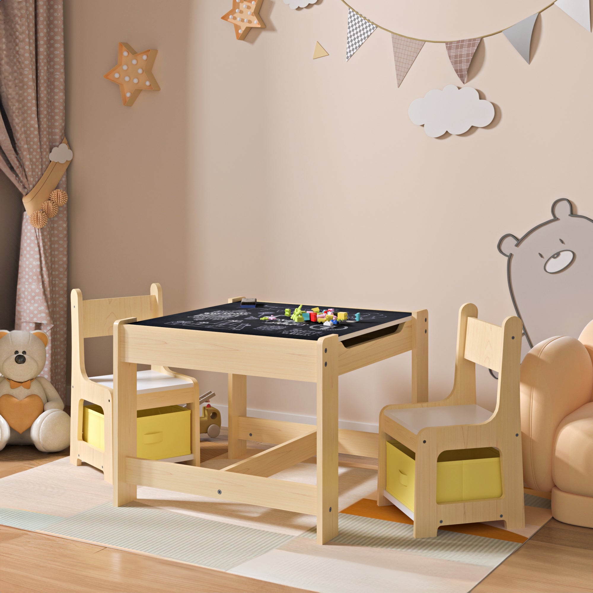 Set Irixoa Tavolo e 2 Sedie per Bambini Piano Lavagna Ribaltabile e Sedie con Cassetti Contenitori [en.casa]