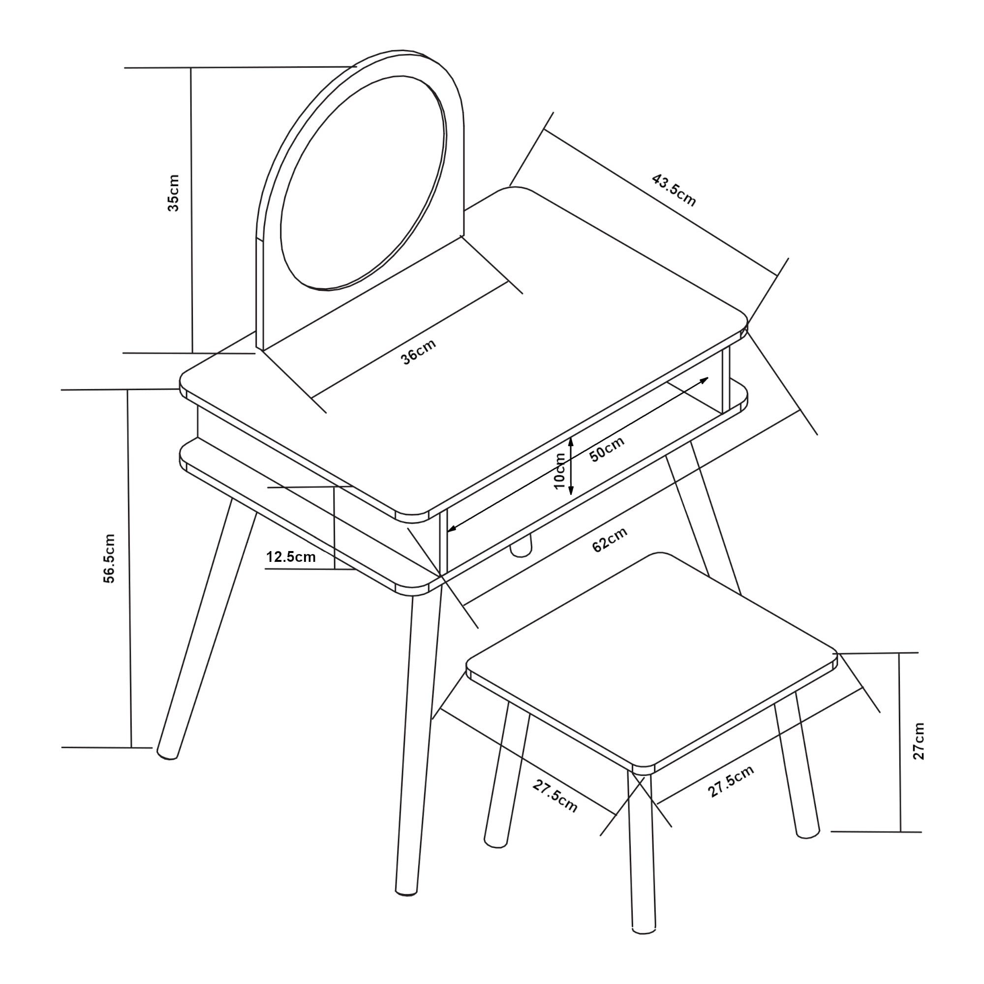 Set Ovanåker di Tavolo da Trucco e Sgabello per Cameretta - Bianco/Naturale [en.casa]