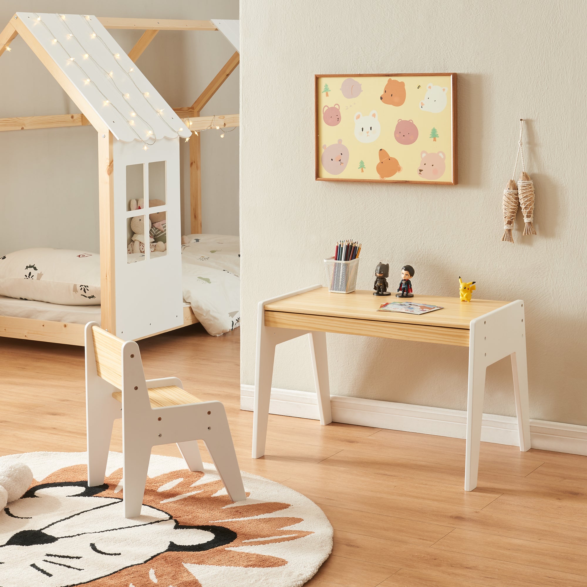 Set Skinnskatteberg Tavolo e Sedia per Bimbi - Legno Naturale / Bianco [en.casa]