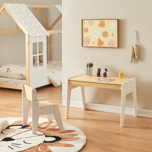 Set Skinnskatteberg Tavolo e Sedia per Bimbi - Legno Naturale / Bianco [en.casa]