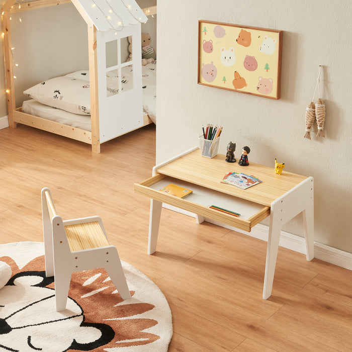 Set Skinnskatteberg Tavolo e Sedia per Bimbi - Legno Naturale / Bianco [en.casa]
