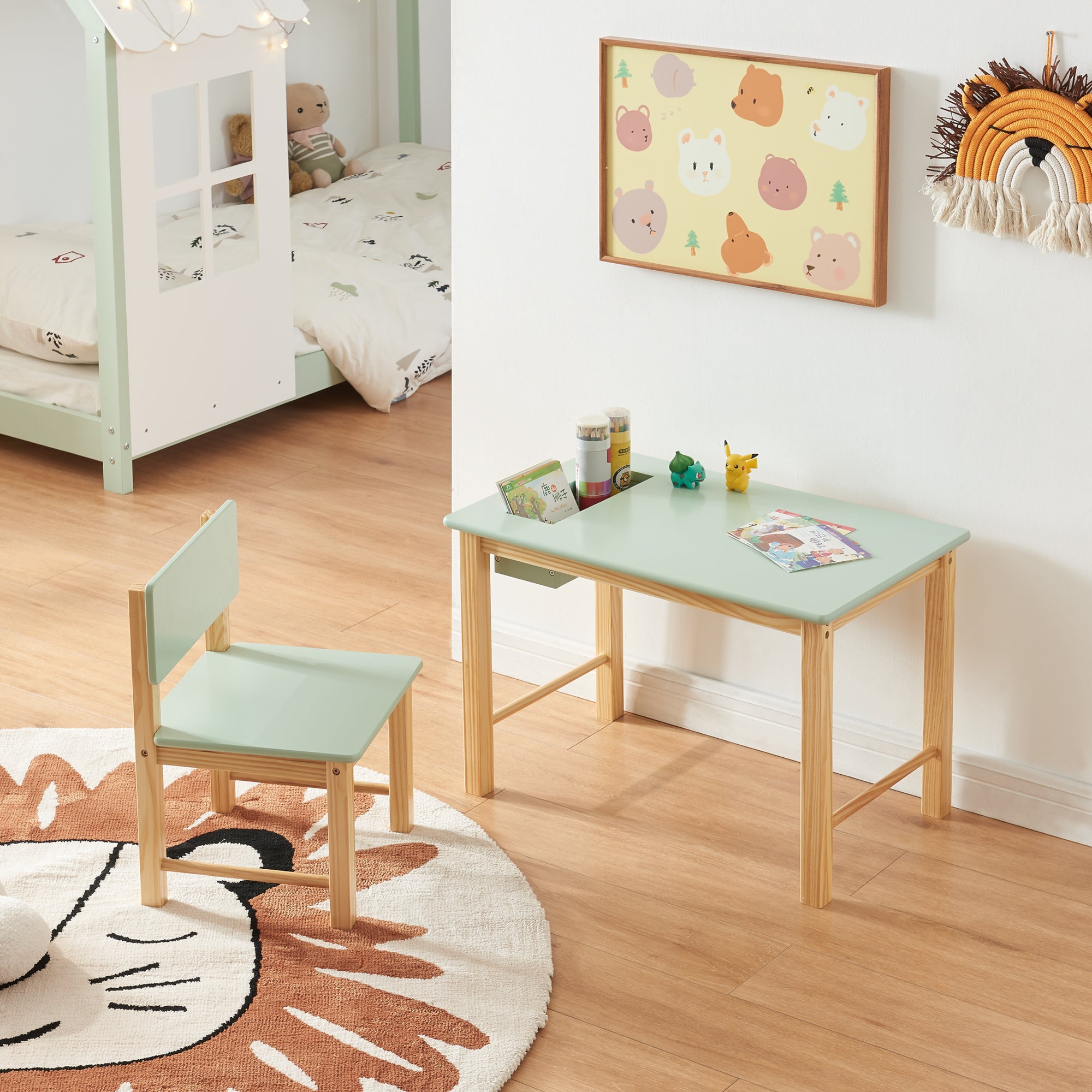 Set Skjåk Tavolo e Sedia per Bimbi - Legno Naturale / Menta Verde [en.casa]