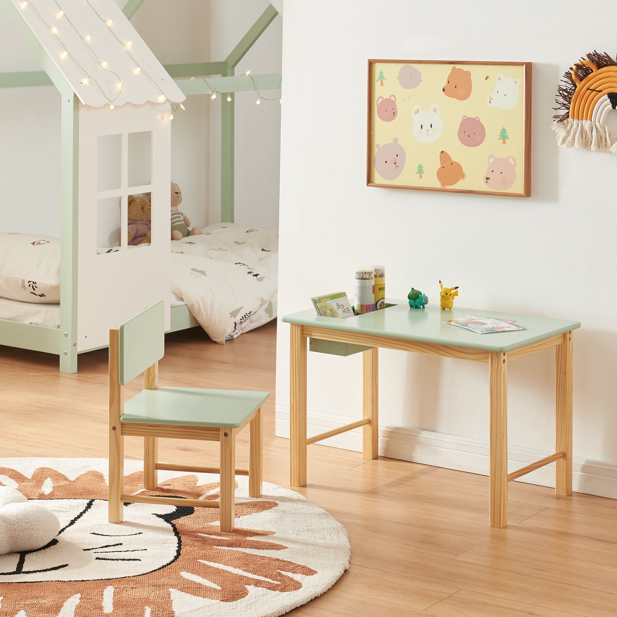 Set Skjåk Tavolo e Sedia per Bimbi - Legno Naturale / Menta Verde [en.casa]