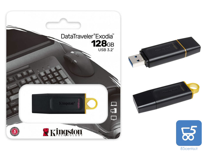Kingston Chiavetta 128Gb DataTraveler Exodia DTX/128GB Flash Drive USB 3.2 Gen 1 - con Tappo Cappuccio Protettivo e Anello Portachiavi colore nero