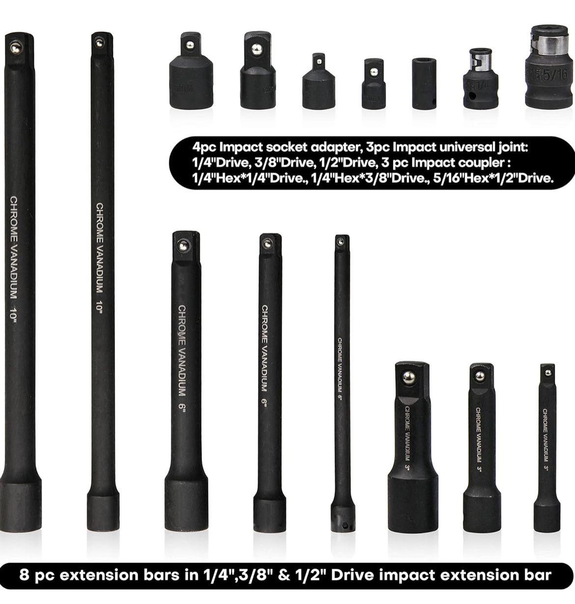 Kit 18 Pezzi Prolunghe Prolunga di estensione + adattatori da 1/4" 3/8" 1/2"