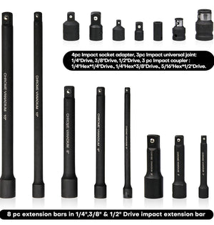 Kit 18 Pezzi Prolunghe Prolunga di estensione + adattatori da 1/4" 3/8" 1/2"