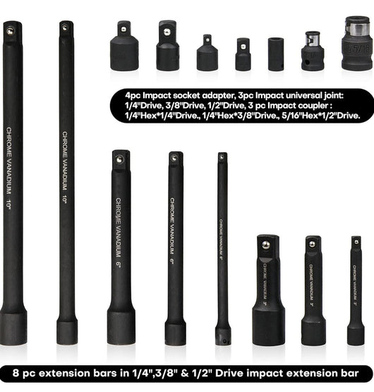 Kit 18 Pezzi Prolunghe Prolunga di estensione + adattatori da 1/4" 3/8" 1/2"