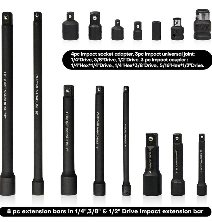 Kit 18 Pezzi Prolunghe Prolunga di estensione + adattatori da 1/4" 3/8" 1/2"