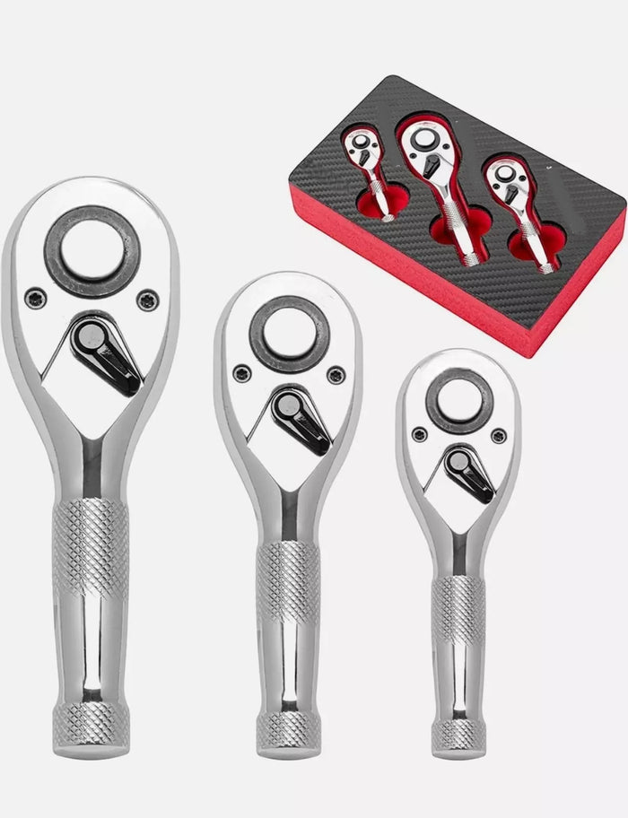 Kit 3 Chiave a Cricchetto Professionale Per Officina 72 Denti 1/4" 3/8" 1/2"