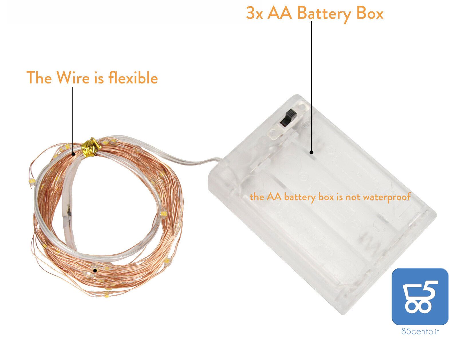 Kit 4 Pezzi Luci LED Colore Bianco Caldo con Filo di Rame Lunghezza 5 metri a Batteria 2 AA (batterie non incluse)