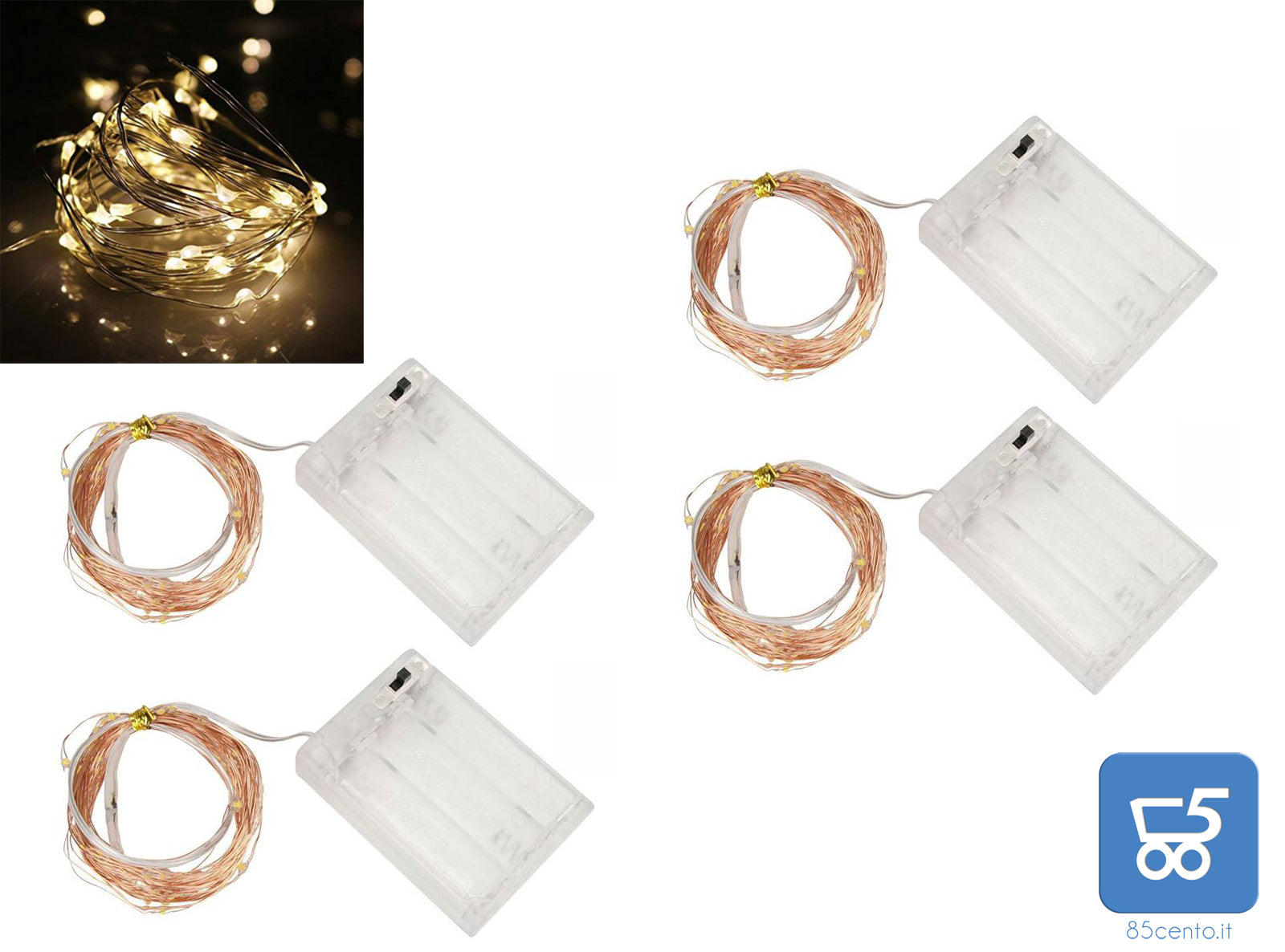 Kit 4 Pezzi Luci LED Colore Bianco Caldo con Filo di Rame Lunghezza 5 metri a Batteria 2 AA (batterie non incluse)