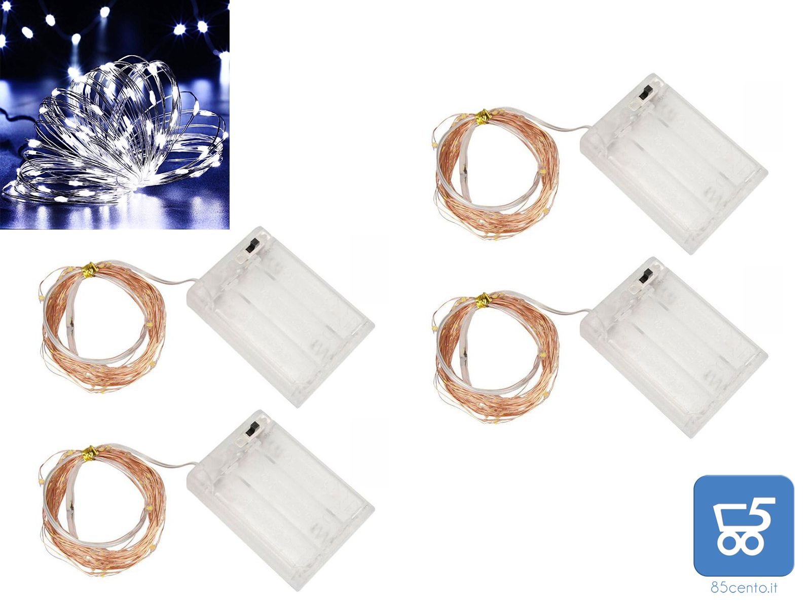 Kit 4 Pezzi Luci LED Colore Bianco Freddo con Filo di Rame Lunghezza 5 metri a Batteria 2 AA (batterie non incluse)
