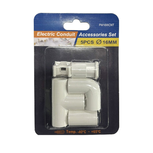 Kit 5 Accessori Per Tubo Rigido e Flessibile Da 16mm, Fissatubo A Scatto + Giunto Raccordo Lineare, Forma L, Forma T, Tubo-Scatola, Colore Bianco IP40