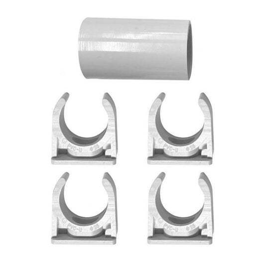 Kit 5 Accessori Per Tubo Rigido e Flessibile Da 20mm, 4 Clip Fissatubo A Scatto + 1 Giunto Raccordo Lineare, Colore Bianco IP40