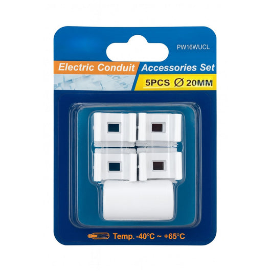 Kit 5 Accessori Per Tubo Rigido e Flessibile Da 20mm, 4 Clip Fissatubo A Scatto + 1 Giunto Raccordo Lineare, Colore Bianco IP40