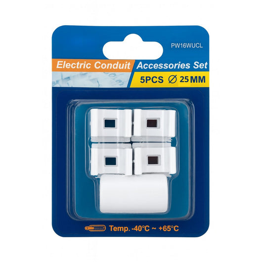 Kit 5 Accessori Per Tubo Rigido e Flessibile Da 25mm, 4 Clip Fissatubo A Scatto + 1 Giunto Raccordo Lineare, Colore Bianco IP40