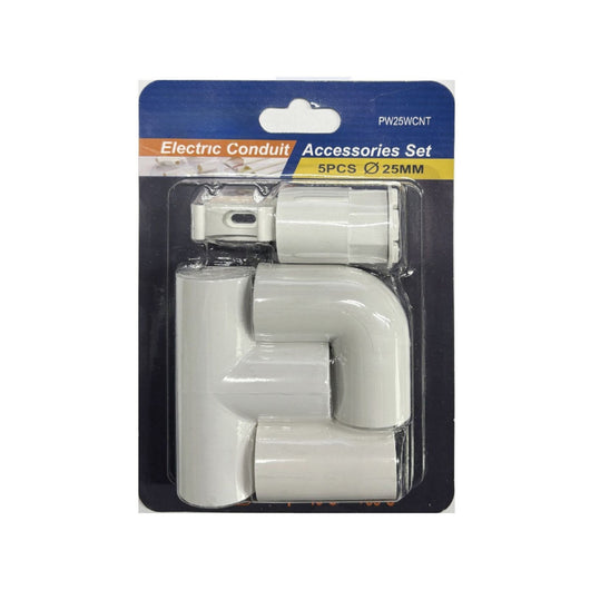 Kit 5 Accessori Per Tubo Rigido e Flessibile Da 25mm, Fissatubo A Scatto + Giunto Raccordo Lineare, Forma L, Forma T, Tubo-Scatola, Colore Bianco IP40