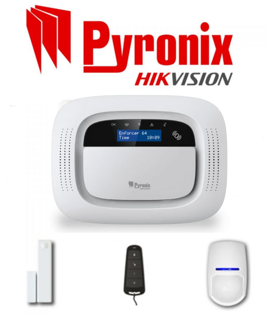 Kit ENFORCER 64 PYRONIX wireless composto da una centralina d'allarme, 1 sensore PIR bidirezionale, 1 sensore magnetico e 1 telecomando bidirezionale