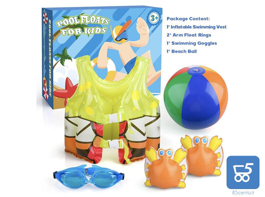 Kit Piscina per Bambini con Giubbotto Gonfiabile 2 Braccioli Occhialini e Una Palla +3 anni