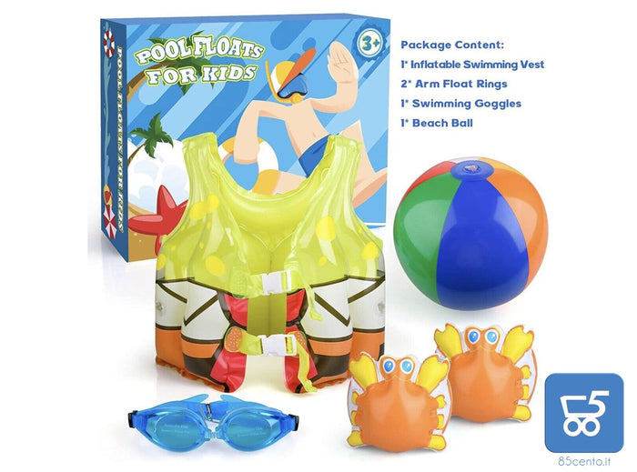 Kit Piscina per Bambini con Giubbotto Gonfiabile 2 Braccioli Occhialini e Una Palla +3 anni
