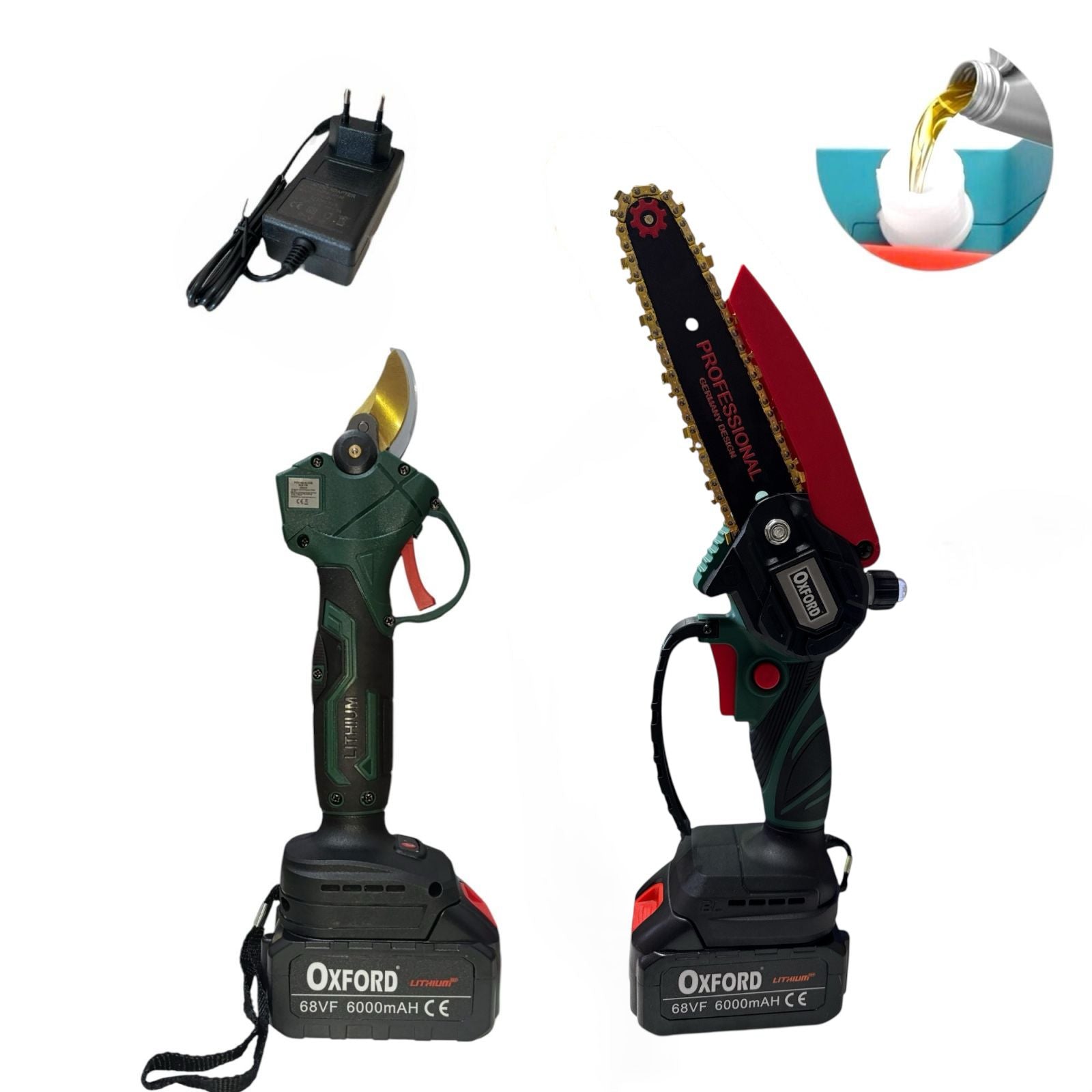 Kit Potatura Forbice Cesoia Motosega 6" a batteria 68Vf +asta telescopica CH0402