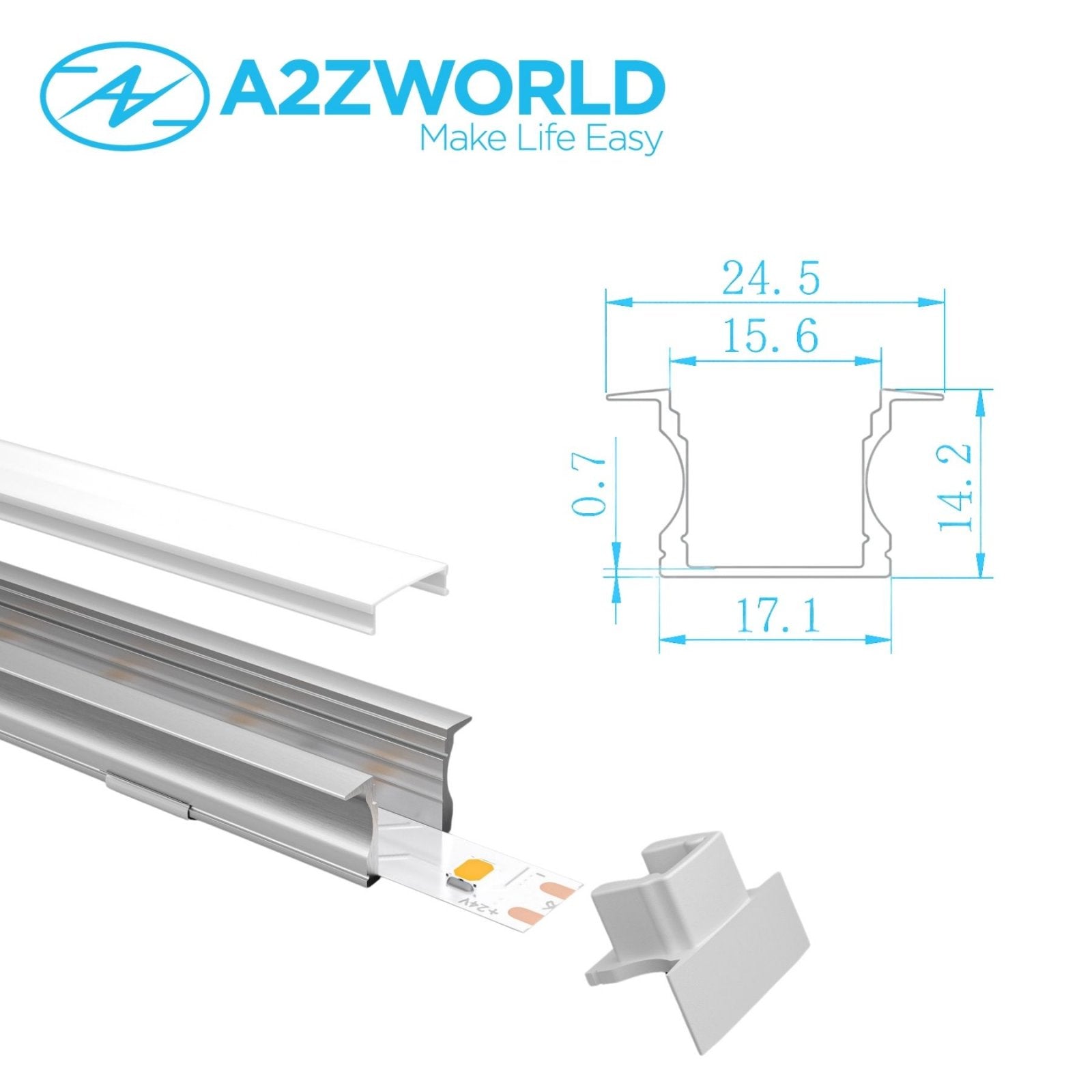 Kit Profilo Alluminio Completo Da 2 Metri Per Striscia Led, Alta Profonda da Incasso, Dimensione 24.5*14.2mm, Larghezza Interna 12mm, 140g/m, Copertura Opale, Tappi Chiusura e Clip Fissaggio Incluso,BAV3351,BA2515