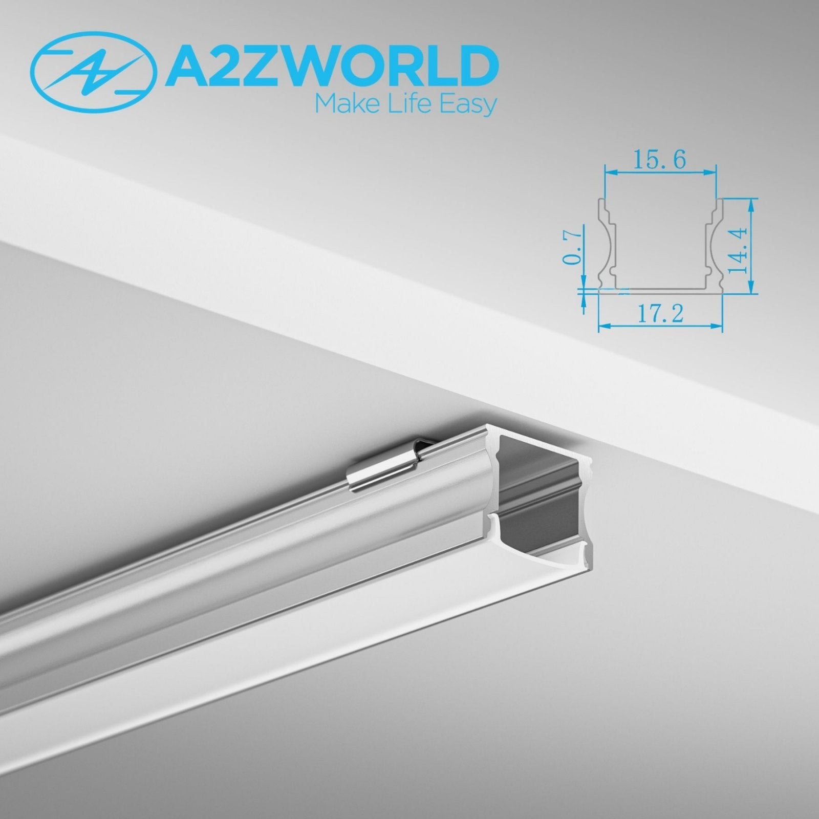 Kit Profilo Alluminio Completo Da 2 Metri Per Striscia Led, Alta Profonda, Dimensione 17.2*14.4mm, Larghezza Interna 12mm, 128g/m, Copertura Opale, Tappi Chiusura e Clip Fissaggio Incluso, BAV3354,BA1715