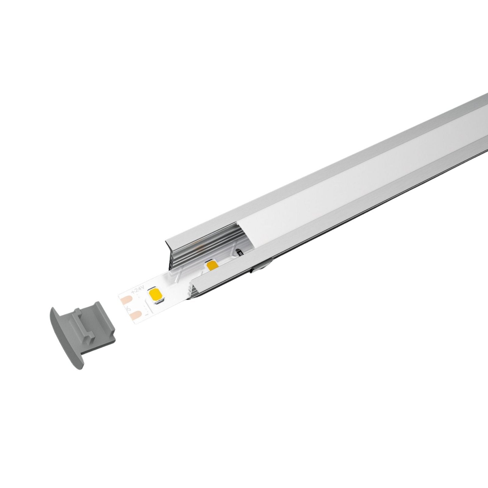 Kit Profilo Alluminio Completo Da 2 Metri Per Striscia Led, Alta da Incasso, Dimensione 22*14.27mm, Larghezza Interna 10mm, 114g/m, Copertura Opale, Tappi Chiusura e Clip Fissaggio Incluso