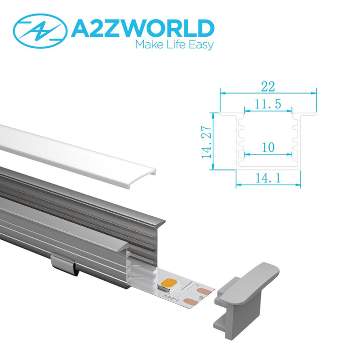 Kit Profilo Alluminio Completo Da 2 Metri Per Striscia Led, Alta da Incasso, Dimensione 22*14.27mm, Larghezza Interna 10mm, 114g/m, Copertura Opale, Tappi Chiusura e Clip Fissaggio Incluso