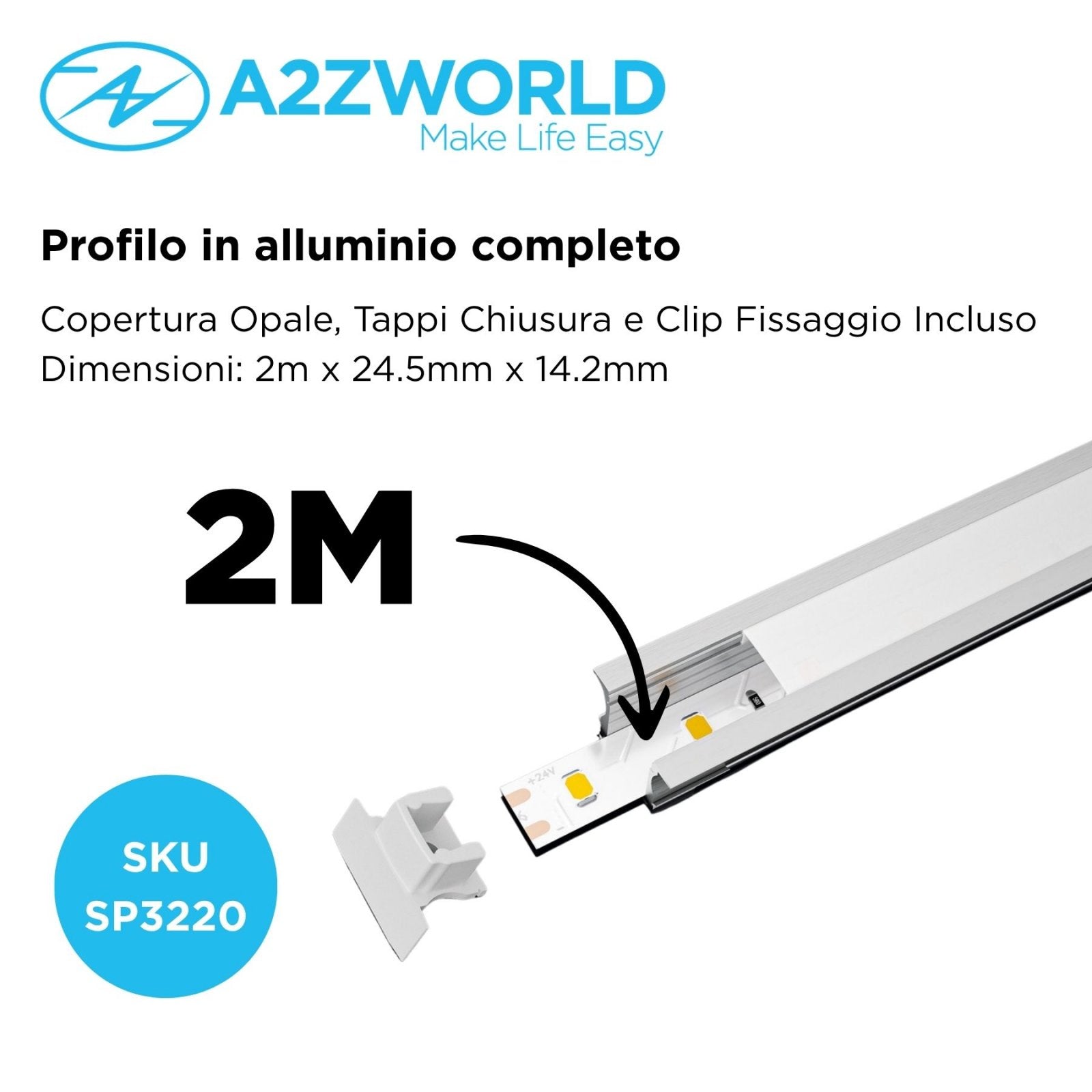 Kit Profilo Alluminio Completo Da 2 Metri Per Striscia Led, Alta Profonda da Incasso, Dimensione 24.5*14.2mm, Larghezza Interna 12mm, 140g/m, Copertura Opale, Tappi Chiusura e Clip Fissaggio Incluso,BAV3351,BA2515