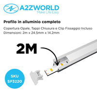 Kit Profilo Alluminio Completo Da 2 Metri Per Striscia Led, Alta Profonda da Incasso, Dimensione 24.5*14.2mm, Larghezza Interna 12mm, 140g/m, Copertura Opale, Tappi Chiusura e Clip Fissaggio Incluso,BAV3351,BA2515