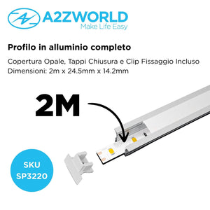 Kit Profilo Alluminio Completo Da 2 Metri Per Striscia Led, Alta Profonda da Incasso, Dimensione 24.5*14.2mm, Larghezza Interna 12mm, 140g/m, Copertura Opale, Tappi Chiusura e Clip Fissaggio Incluso,BAV3351,BA2515