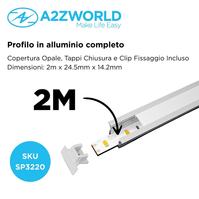 Kit Profilo Alluminio Completo Da 2 Metri Per Striscia Led, Alta Profonda da Incasso, Dimensione 24.5*14.2mm, Larghezza Interna 12mm, 140g/m, Copertura Opale, Tappi Chiusura e Clip Fissaggio Incluso,BAV3351,BA2515