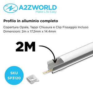 Kit Profilo Alluminio Completo Da 2 Metri Per Striscia Led, Alta Profonda, Dimensione 17.2*14.4mm, Larghezza Interna 12mm, 128g/m, Copertura Opale, Tappi Chiusura e Clip Fissaggio Incluso, BAV3354,BA1715