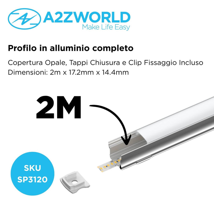Kit Profilo Alluminio Completo Da 2 Metri Per Striscia Led, Alta Profonda, Dimensione 17.2*14.4mm, Larghezza Interna 12mm, 128g/m, Copertura Opale, Tappi Chiusura e Clip Fissaggio Incluso, BAV3354,BA1715