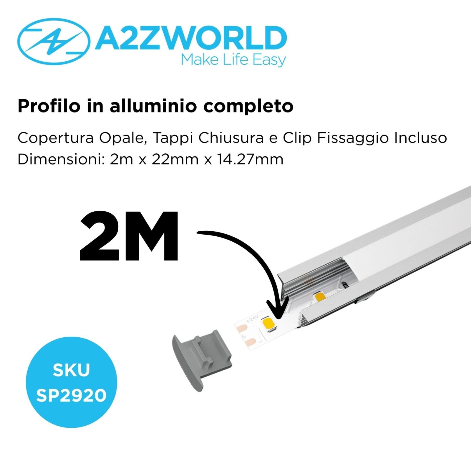 Kit Profilo Alluminio Completo Da 2 Metri Per Striscia Led, Alta da Incasso, Dimensione 22*14.27mm, Larghezza Interna 10mm, 114g/m, Copertura Opale, Tappi Chiusura e Clip Fissaggio Incluso
