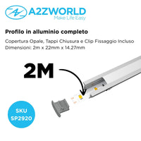 Kit Profilo Alluminio Completo Da 2 Metri Per Striscia Led, Alta da Incasso, Dimensione 22*14.27mm, Larghezza Interna 10mm, 114g/m, Copertura Opale, Tappi Chiusura e Clip Fissaggio Incluso