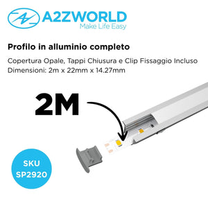 Kit Profilo Alluminio Completo Da 2 Metri Per Striscia Led, Alta da Incasso, Dimensione 22*14.27mm, Larghezza Interna 10mm, 114g/m, Copertura Opale, Tappi Chiusura e Clip Fissaggio Incluso