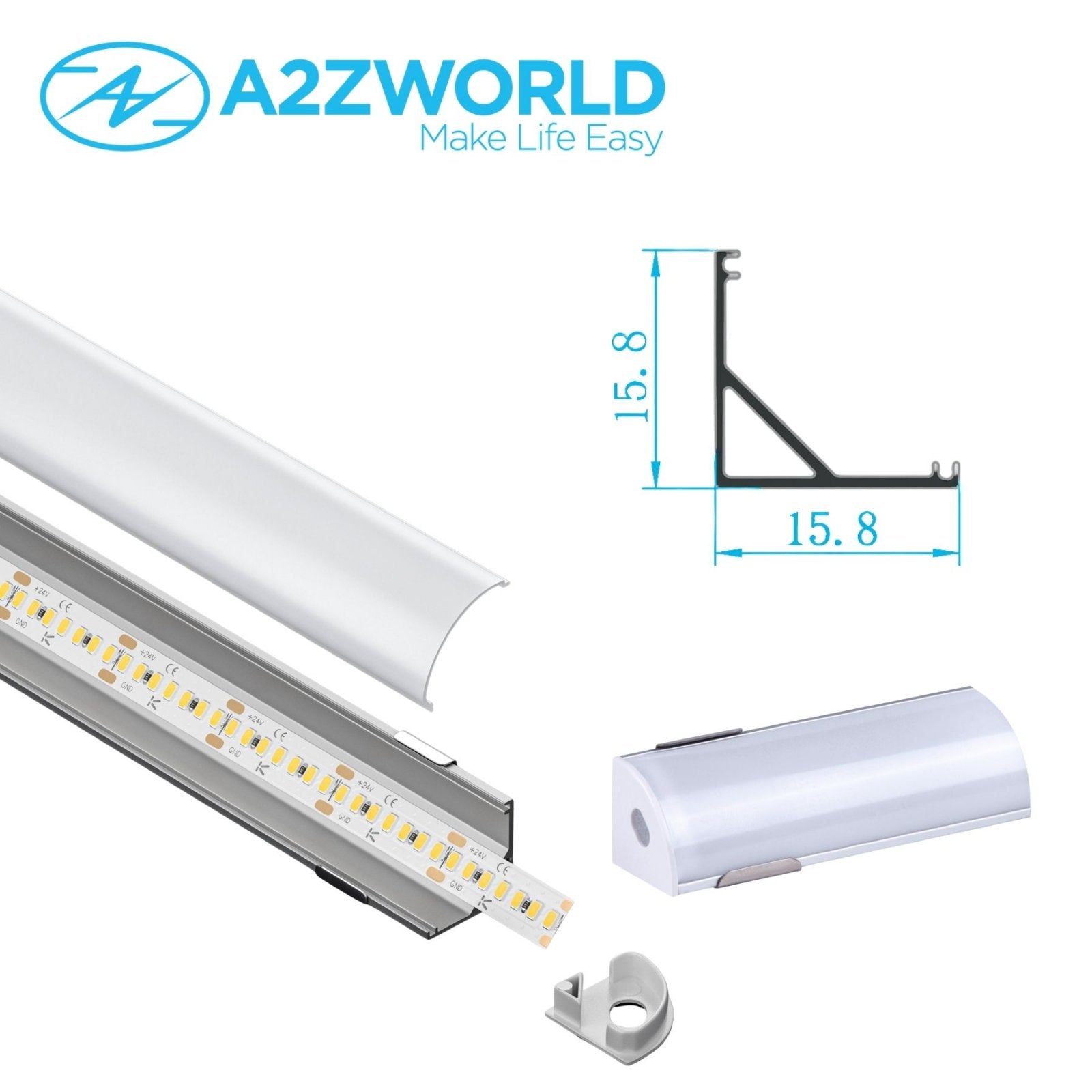 Kit Profilo Alluminio Completo Da 2 Metri Per Striscia Led, Angolare Leggera, Dimensione 15.8*15.8mm, Larghezza Interna 10mm, 77g/m, Copertura Opale, Tappi Chiusura e Clip Fissaggio Incluso,BAV10322,BAV3353,BA1616